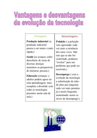 Vantagens:
Produção industrial (a
produção industrial
passou a ser maior e mais
rápida.)
Saúde (os avanços sobre
descoberta de curas de
diversas doenças
aumentou as perspectivas
de inúmeras pessoas.)
Educação (crianças e
adultos podem agora ter
uma aprendizagem mais
completa e divertida com
todas as tecnologias
presentes numa sala de
aula.)
Desvantagens:
Poluição ( a poluição
vem agravando cada
vez mais a existência
dos seres vivos. Mal
este que se não for
controlado, podemos
“evoluir” para um
problema que pode ser
resolvido.)
Desemprego ( com a
evolução da tecnologia
a substituição de mão-
de-obra por máquinas
cada vez mais potentes
já é muito frequente,
aumentando assim os
niveis de desemprego.)
 