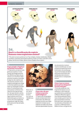 100 perguntas, 100 respostas




               AUSTRALOPHITECUS              HOMO ERECTUS                   HOMO NEANDERTHAL                     HOMO SAPIENS
                   -4.000.000                  -1.500.000                       - 250.000                          -150.000




       34.
       Qual é a classificação da espécie
       humana como organismo animal?
         Os seres humanos pertencem ao Tipo cordados, Subtipo vertebrados, Classe
       mamíferos, Subclasse placentados (eutérios), Ordem primatas, Subordem antro-
       póides, Família hominídeos, Género Homo e Espécie Homo sapiens.


     36.                                                                                  de vista evolutivo mostram
     O que propõe a hipótese                                                              maiores semelhanças nos seus
     da Rainha Vermelha?                                                                  processos de desenvolvimento
        Trata-se de uma teoria muito                                                      embrionário. As semelhanças
     geral que se aplica a muitos                                                         nas primeiras etapas de desen-
     campos da biologia evolutiva.                                                        volvimento embrionário dos
     Faz referência ao facto de que,                                                      vertebrados demonstram a
     mesmo num meio físico relati-                                                        existência de um antepassado
     vamente constante, a evolução                                                        comum.
     de algumas das espécies que
     nele ocorrem provoca uma si-                                                         38.
     tuação de alteração que obriga                                                       Como é que se conse-
     o resto das espécies que parti-                                                      guem provas bioquími-
     cipam na interacção a também                                                         cas da evolução?
     evoluir. É conhecida por este                                                           Uma das evidências mais
     nome porque no famoso livro        Restos de um    37.                               importantes baseia-se na se-
     “Alice do outro lado do espe-      dos crânios     O que são e de que                melhança, a nível molecular,
     lho”, de Lewis Carroll, a rainha   do Homem        tratam as provas                  que existe entre as proteínas e
     vermelha diz a Alice que nesse     de Herto,       embriológicas?                    o DNA dos diferentes organis-
     lugar é preciso correr cons-       com cerca de       Trata-se da comparação e       mos. Esta semelhança é tanto
     tantemente para se manter no       158.000 anos.   estudo do desenvolvimento         mais vincada quanto maior é o
     mesmo sítio. Esta hipótese foi     /MEC            embrionário das diferentes        grau de parentesco evolutivo
     proposta por Leigh Van Valen,                      espécies de seres vivos. Nelas    entre eles. Assim, para expor vá-
     dentro da sua lei das extinções,                   é possível constatar que as       rios exemplos comparados com
     em 1973.                                           espécies que estão mais estrei-   o homem, a diferença entre o
                                                        tamente aparentadas do ponto      DNA do homem e do gorila é de

16
 