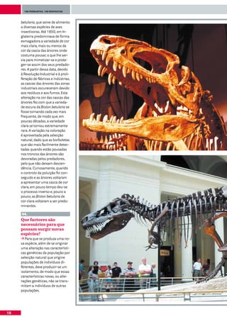 100 perguntas, 100 respostas




     betularia, que serve de alimento
     a diversas espécies de aves
     insectívoras. Até 1850, em In-
     glaterra predominava de forma
     esmagadora a variedade de cor
     mais clara, mais ou menos da
     cor da casca das árvores onde
     costuma pousar, o que lhe ser-
     via para mimetizar-se e prote-
     ger-se assim dos seus predado-
     res. A partir dessa data, devido
     à Revolução Industrial e à proli-
     feração de fábricas e indústrias,
     as cascas das árvores das zonas
     industriais escureceram devido
     aos resíduos e aos fumos. Esta
     alteração na cor das cascas das
     árvores fez com que a varieda-
     de escura da Biston betularia se
     fosse tornando cada vez mais
     frequente, de modo que, em
     poucas décadas, a variedade
     clara se tornou extremamente
     rara. A variação na coloração
     é aproveitada pela selecção
     natural, dado que as borboletas
     que são mais facilmente detec-
     tadas quando estão pousadas
     nos troncos das árvores são
     devoradas pelos predadores,
     pelo que não deixam descen-
     dência. Curiosamente, quando
     o controlo da poluição foi con-
     seguido e as árvores voltaram
     a apresentar uma casca de cor
     clara, em pouco tempo deu-se
     o processo inverso e, pouco a
     pouco, as Biston betularia de
     cor clara voltaram a ser predo-
     minantes.

     44.
     Que factores são
     necessários para que
     possam surgir novas
     espécies?
        Para que se produza uma no-
     va espécie, além de se originar
     uma alteração nas característi-
     cas genéticas da população por
     selecção natural que origine
     populações de indivíduos di-
     ferentes, deve produzir-se um
     isolamento, de modo que essas
     características novas, ou alte-
     rações genéticas, não se trans-
     mitam a indivíduos de outras
     populações.




18
 