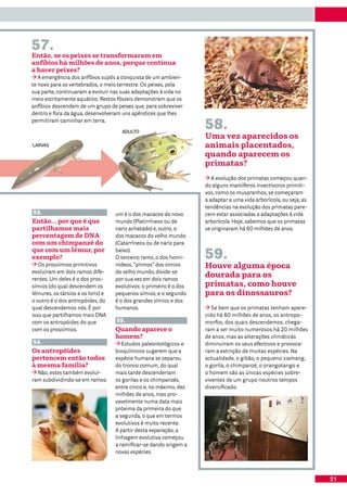 57.
Então, se os peixes se transformaram em
anfíbios há milhões de anos, porque continua
a haver peixes?
   A emergência dos anfíbios supôs a conquista de um ambien-
te novo para os vertebrados, o meio terrestre. Os peixes, pela
sua parte, continuaram a evoluir nas suas adaptações à vida no
meio estritamente aquático. Restos fósseis demonstram que os
anfíbios descendem de um grupo de peixes que, para sobreviver
dentro e fora da água, desenvolveram uns apêndices que lhes
permitiram caminhar em terra.
                                      ADULTO
                                                                     58.
                                                                     Uma vez aparecidos os
LARVAS                                                               animais placentados,
                                                                     quando aparecem os
                                                                     primatas?
                                                                        A evolução dos primatas começou quan-
                                                                     do alguns mamíferos insectívoros primiti-
                                                                     vos, como os musaranhos, se começaram
                                                                     a adaptar a uma vida arborícola, ou seja, as
                                                                     tendências na evolução dos primatas pare-
53.                                 um é o dos macacos do novo       cem estar associadas a adaptações à vida
Então... por que é que              mundo (Platirríneos ou de        arborícola. Hoje, sabemos que os primatas
partilhamos mais                    nariz achatado) e, outro, o      se originaram há 60 milhões de anos.
percentagem de DNA                  dos macacos do velho mundo
com um chimpanzé do                 (Catarríneos ou de nariz para
que com um lémur, por
exemplo?
                                    baixo).
                                    O terceiro ramo, o dos homi-     59.
   Os prossímios primitivos         nídeos, “primos” dos símios      Houve alguma época
evoluíram em dois ramos dife-       do velho mundo, divide-se
rentes. Um deles é o dos pros-      por sua vez em dois ramos
                                                                     dourada para os
símios (do qual descendem os        evolutivos: o primeiro é o dos   primatas, como houve
lémures, os társios e os loris) e   pequenos símios, e o segundo     para os dinossauros?
o outro é o dos antropóides, do     é o dos grandes símios e dos
qual descendemos nós. É por         humanos.                            Se bem que os primatas tenham apare-
isso que partilhamos mais DNA                                        cido há 60 milhões de anos, os antropo-
com os antropóides do que           55.                              morfos, dos quais descendemos, chega-
com os prossímios.                  Quando aparece o                 ram a ser muito numerosos há 20 milhões
                                    homem?                           de anos, mas as alterações climáticas
54.                                    Estudos paleontológicos e     diminuíram os seus efectivos e provoca-
Os antropóides                      bioquímicos sugerem que a        ram a extinção de muitas espécies. Na
pertencem então todos               espécie humana se separou        actualidade, o gibão, o pequeno siamang,
à mesma família?                    do tronco comum, do qual         o gorila, o chimpanzé, o orangotango e
  Não, estes também evoluí-         mais tarde descenderiam          o homem são as únicas espécies sobre-
ram subdividindo-se em ramos:       os gorilas e os chimpanzés,      viventes de um grupo noutros tempos
                                    entre cinco e, no máximo, dez    diversificado.
                                    milhões de anos, mas pro-
                                    vavelmente numa data mais
                                    próxima da primeira do que
                                    a segunda, o que em termos
                                    evolutivos é muito recente.
                                    A partir desta separação, a
                                    linhagem evolutiva começou
                                    a ramificar-se dando origem a
                                    novas espécies.



                                                                                                                    21
 