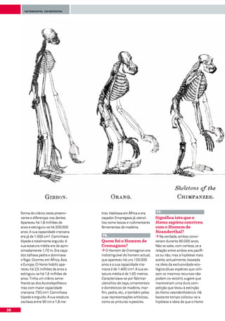 100 perguntas, 100 respostas




     forma do crânio, testa proemi-     tros. Habitava em África e era     77.
     nente e diferenças nos dentes.     caçador. Empregava já utensí-      Significa isto que o
     Apareceu há 1,8 milhões de         lios como lascas e rudimentares    Homo sapiens conviveu
     anos e extinguiu-se há 200.000     ferramentas de madeira.            com o Homem de
     anos. A sua capacidade craniana                                       Neanderthal?
     era já de 1.000 cm3. Caminhava     76.                                   Na verdade, ambos convi-
     bípede e totalmente erguido. A     Quem foi o Homem de                veram durante 80.000 anos.
     sua estatura média era de apro-    Cromagnon?                         Não se sabe, com certeza, se a
     ximadamente 1,70 m. Era caça-         O Homem de Cromagnon era        relação entre ambos era pacífi-
     dor, talhava pedra e dominava      indistinguível do homem actual,    ca ou não, mas a hipótese mais
     o fogo. Ocorreu em África, Ásia    que apareceu há uns 150.000        aceite, actualmente, baseada
     e Europa. O Homo habilis apa-      anos e a sua capacidade cra-       na ideia da exclusividade eco-
     receu há 2,5 milhões de anos e     niana é de 1.400 cm3. A sua es-    lógica (duas espécies que utili-
     extinguiu-se há 1,6 milhões de     tatura média é de 1,65 metros.     zam os mesmos recursos não
     anos. Tinha um crânio seme-        Caracterizava-se por fabricar      podem co-existir), sugere que
     lhante ao dos Australopithecus     utensílios de caça, ornamentais    mantiveram uma dura com-
     mas com maior capacidade           e domésticos de madeira, mar-      petição que levou à extinção
     craniana: 750 cm3. Caminhava       fim, pedra, etc., e também pelas   do Homo neanderthalensis. Há
     bípede e erguido. A sua estatura   suas representações artísticas,    bastante tempo colocou-se a
     oscilava entre 90 cm e 1,8 me-     como as pinturas rupestres.        hipótese a ideia de que o Homo

28
 