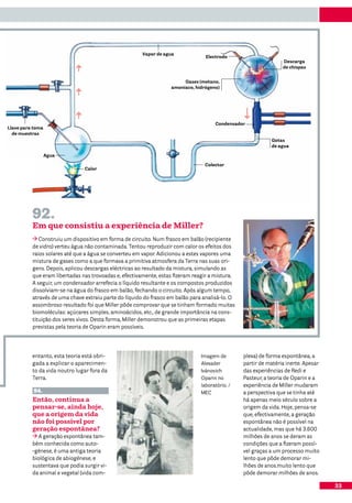 Vapor de agua
                                                                                 Electrodo
                                                                                                                Descarga
                                                                                                                de chispas


                                                                       Gases (metano,
                                                                  amoniaco, hidrógeno)




                                                                                     Condensador
Llave para toma
  de muestras
                                                                                                           Gotas
                                                                                                           de agua

                  Agua

                                                                                Colector
                               Calor




          92.
          Em que consistiu a experiência de Miller?
             Construiu um dispositivo em forma de circuito. Num frasco em balão (recipiente
          de vidro) verteu água não contaminada. Tentou reproduzir com calor os efeitos dos
          raios solares até que a água se converteu em vapor. Adicionou a estes vapores uma
          mistura de gases como a que formava a primitiva atmosfera da Terra nas suas ori-
          gens. Depois, aplicou descargas eléctricas ao resultado da mistura, simulando as
          que eram libertadas nas trovoadas e, efectivamente, estas fizeram reagir a mistura.
          A seguir, um condensador arrefecia o líquido resultante e os compostos produzidos
          dissolviam-se na água do frasco em balão, fechando o circuito. Após algum tempo,
          através de uma chave extraiu parte do líquido do frasco em balão para analisá-lo. O
          assombroso resultado foi que Miller pôde comprovar que se tinham formado muitas
          biomoléculas: açúcares simples, aminoácidos, etc., de grande importância na cons-
          tituição dos seres vivos. Desta forma, Miller demonstrou que as primeiras etapas
          previstas pela teoria de Oparin eram possíveis.




          entanto, esta teoria está obri-                                      Imagem de        plexa) de forma espontânea, a
          gada a explicar o aparecimen-                                        Alexader         partir de matéria inerte. Apesar
          to da vida noutro lugar fora da                                      Ivánovich        das experiências de Redi e
          Terra.                                                               Oparin no        Pasteur, a teoria de Oparin e a
                                                                               laboratório. /   experiência de Miller mudaram
           94.                                                                 MEC              a perspectiva que se tinha até
          Então, continua a                                                                     há apenas meio século sobre a
          pensar-se, ainda hoje,                                                                origem da vida. Hoje, pensa-se
          que a origem da vida                                                                  que, efectivamente, a geração
          não foi possível por                                                                  espontânea não é possível na
          geração espontânea?                                                                   actualidade, mas que há 3.600
            A geração espontânea tam-                                                           milhões de anos se deram as
          bém conhecida como auto-                                                              condições que a fizeram possí-
          -génese, é uma antiga teoria                                                          vel graças a um processo muito
          biológica de abiogénese, e                                                            lento que pôde demorar mi-
          sustentava que podia surgir vi-                                                       lhões de anos.muito lento que
          da animal e vegetal (vida com-                                                        pôde demorar milhões de anos.

                                                                                                                                   33
 