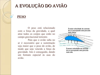 O peso está relacionado com a força da gravidade, a qual atrai todos os corpos que estão no campo gravitacional terrestre.  Para que o avião suba no ar é necessário que a sustentação seja maior que o peso do avião, de modo que seja vencida a força da gravidade. Isto é conseguido, dando um formato especial às asas do avião. A EVOLUÇÃO DO AVIÃO PESO 