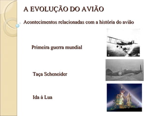 Primeira guerra mundial Taça Scheneider Ida à Lua A EVOLUÇÃO DO AVIÃO Acontecimentos relacionadas com a história do avião 