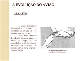 Ar fluindo do intradorso para o    extradorso e o turbilhonando. O arrasto é uma força aerodinâmica devido à resistência do ar, que se opõe ao avanço de um corpo.  Essa força depende de alguns factores como a forma do corpo, a sua rugosidade e o efeito induzido resultante da diferença de pressão entre a parte inferior e superior da asa.  A EVOLUÇÃO DO AVIÃO ARRASTO 