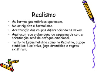 Realismo
• As formas geométricas aparecem.
• Maior rigidez e formalismo.
• Acentuação das roupas diferenciando os sexos.
• Aqui acontece o abandono do esquema de cor, a
  acentuação será de enfoque emocional.
• Tanto no Esquematismo como no Realismo, o jogo
  simbólico é coletivo, jogo dramático e regras
  existiram.
 