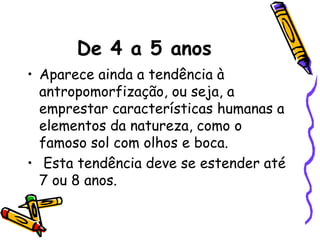 De 4 a 5 anos
• Aparece ainda a tendência à
  antropomorfização, ou seja, a
  emprestar características humanas a
  elementos da natureza, como o
  famoso sol com olhos e boca.
• Esta tendência deve se estender até
  7 ou 8 anos.
 