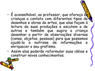 • É aconselhável, ao professor, que ofereça às
  crianças o contato com diferentes tipos de
  desenhos e obras de artes, que elas façam à
  leitura de suas produções e escutem a de
  outros e também que sugira a criança
  desenhar a partir de observações diversas
  (cenas, objetos, pessoas) para que possamos
  ajudá-la a nutrisse de informações e
  enriquecer o seu grafismo.
• Assim elas poderão reformular suas idéias e
  construir novos conhecimentos.
 