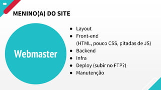 Webmaster
● Layout
● Front-end
(HTML, pouco CSS, pitadas de JS)
● Backend
● Infra
● Deploy (subir no FTP?)
● Manutenção
MENINO(A) DO SITE
 