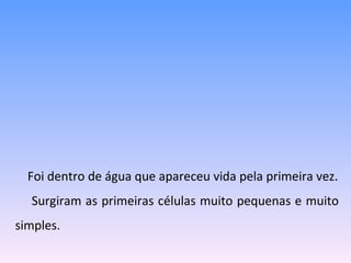 Foi dentro de água que apareceu vida pela primeira vez. Surgiram as primeiras células muito pequenas e muito simples. 