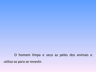 O homem limpa e seca as peles dos animais e utiliza-as para se revestir. 