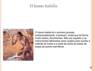 O homo habilis




  O Homo habilis foi o primeiro primata,
  comprovadamente, a produzir, ainda que de forma
  muito rústica, ferramentas. Não era caçador e os
  instrumentos fabricados eram usados para auxiliar a
  colheita de frutos e o corte da carne de restos de
  caças de outros mamíferos.
 