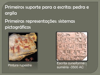 Primeiros suporte para a escrita: pedra e
argila
Primeiras representações: sistemas
pictográficos




                         Escrita cuneiforme
 Pintura rupestre
                         suméria -3500 AC
 
