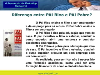 A Revolução do Marketing
        Multinível



     Diferença entre PAI Rico e PAI Pobre?
                        O Pai Rico ensina o filho a ser empregador
               e dá emprego para os outros. O Pai Pobre ensina o
               filho a ser empregado.
                        O Pai Rico é rico pela educação que vem de
               casa. O pai incentiva o filho a estudar, concluir o
               curso superior, abrir uma empresa e contratar
               excelentes empregados.
                        O Pai Pobre é pobre pela educação que vem
               de casa. O Pai incentiva o filho a estudar, concluir
               o curso superior, procurar um bom emprego com
               um bom salário.
                        Na realidade, para ser rico, não é necessário
               uma formação acadêmica, basta você ter uma
               formação financeira de como o dinheiro funciona.

                           www.sivebrasil.com
 