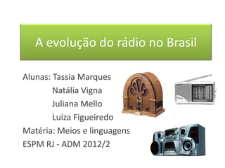 A evolução do rádio no Brasil

Alunas: Tassia Marques
        Natália Vigna
        Juliana Mello
        Luiza Figueiredo
Matéria: Meios e linguagens
ESPM RJ - ADM 2012/2
 