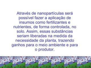 Através de nanopartículas será possível fazer a aplicação de insumos como fertilizantes e nutrientes, de forma controlada, no solo. Assim, essas substâncias seriam liberadas na medida da necessidade da planta, trazendo ganhos para o meio ambiente e para o produtor. 