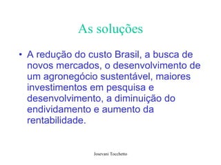 As soluções A redução do custo Brasil, a busca de novos mercados, o desenvolvimento de um agronegócio sustentável, maiores investimentos em pesquisa e desenvolvimento, a diminuição do endividamento e aumento da rentabilidade. 