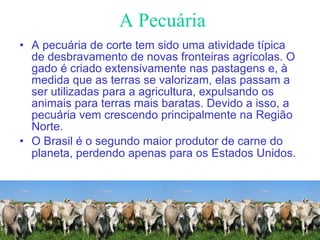 A Pecuária A pecuária de corte tem sido uma atividade típica de desbravamento de novas fronteiras agrícolas. O gado é criado extensivamente nas pastagens e, à medida que as terras se valorizam, elas passam a ser utilizadas para a agricultura, expulsando os animais para terras mais baratas. Devido a isso, a pecuária vem crescendo principalmente na Região Norte.  O Brasil é o segundo maior produtor de carne do planeta, perdendo apenas para os Estados Unidos.   