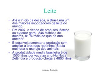 Leite Até o início da década, o Brasil era um dos maiores importadores de leite do mundo.  Em 2007, a venda de produtos lácteos ao exterior gerou 346 milhões de dólares, 81 % mais do que no ano anterior.  É possível aumentar a produção sem ampliar a área dos rebanhos. Basta melhorar o manejo dos animais.  A produtividade média brasileira é de 1500 litros por vaca ao ano.Na Nova Zelândia a produção chega a 4000 litros.   