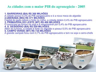As cidades com o maior PIB do agronegócio - 2005 1. BARREIIRAS (BA)   R$   366   MILHÕES A cidade possui 0,3% do PIB agropecuário e é a nova meca do algodão 2.UBERABA (MG)   R$   371 MILHÕES Capital do gado nelore e forte no milho, a cidade detém 0,4% do PIB agropecuário 3.   PRIMAVERA DO LESTE (MT)   R$   466 MILHÕES O município se firmou na soja e é responsável por 0,4% do PIB agropecuário 4.   S. DESIDÉRIO (BA)   R$   559 MILHÕES Além do turismo, a cidade é forte no algodão e possui 0,5% do PIB agropecuário 5. CAMPO VERDE (MT)   R$   735   MILHÕES A grande campeã ficou com 0,7% do PIB agropecuário e tem na soja o carro-chefe 