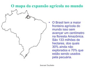 O mapa da expansão agrícola no mundo O Brasil tem a maior fronteira agrícola do mundo isso sem avançar um centímetro na floresta Amazônica. São 133 milhões de hectares, dos quais 30% ainda não explorados e 70% que estão sendo usados pela pecuária. 