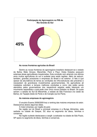 As novas fronteiras agrícolas do Brasil
Dentre as novas fronteiras do agronegócio brasileiro destacam-se o estado
da Bahia, Mato Grosso, Maranhão, Pará e Piauí. Estes Estados possuem
extensas áreas agricultáveis inexploradas. Esta condição vem atraindo nos últimos
anos muitos agricultores do sul e sudeste para estas regiões. Além de seduzir,
também, grandes produtores e empresas do Brasil e do exterior. O fato é que
apesar da abundância de terras as condições de infra-estruturas são precárias e
necessitam de grandiosos investimentos governamentais. Os agricultores ali
instalados solicitam a tempos melhores condições e como não estão sendo
atendidos pelos governadores dos respectivos estados estão liderando um
movimento separatista o qual pode criar cinco novos Estados no Brasil. Os quais
seriam: o estado do Sul do Maranhão, o estado de São Francisco (no oeste da
Bahia), do Tapajós (leste do Pará) e de Carajás (sul do Pará).
As maiores empresas do agronegócio
O anuário Exame 2008/2009 traz o ranking das maiores empresas do setor.
Destacamos abaixo algumas delas.
A maior empresa, por região do país:
Na região sul do Brasil a principal empresa é a Bunge Alimentos, esta
sediada na cidade de Gaspar, SC atua no segmento de óleos, farinhas e
conservas.
Na região sudeste destacasse a cargill. Localizada na cidade de São Paulo,
SP opera no segmento de óleos, farinhas e conservas.
Participação do Agronegócio no PIB do
Rio Grande do Sul
45%
 