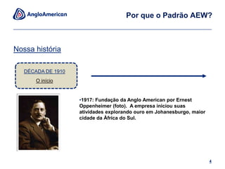 Conjunto de Normas Ambientais para reduzir risco & melhorar desempenho:Levando a Anglo American além de conformidade – alcançando as melhores práticasAplicável em todo ciclo de vida dos projetosCobre os principais sistemas & processos ambientaisEMS, E&SIA & Fechamento de MinaAplicável aos aspectos ambientais críticos afetados pela mineração: Água, biodiversidade & solo (recursos naturais) Resíduos (resíduos minerais, não minerais & resíduos perigosos) Qualidade do ar (emissões de gases de efeito estufa & poeira)O Padrão AEW é obrigatório para todas as operaçõesgerenciadas pela Anglo American3O que é o Padrão AEW?