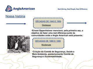 4DÉCADA DE 1910O inícioPor que o Padrão AEW?Nossahistória1917: Fundação da Anglo American por Ernest Oppenheimer (foto).  A empresa iniciou suas atividades explorando ouro em Johanesburgo, maior cidade da África do Sul. Nossa históriaDÉCADAS DE 1940 E 1950DestaqueErnest Oppenheimer menciona, pela primeira vez, o objetivo de fazer uma real diferença junto às comunidades onde a Anglo American está presente;DÉCADAS DE 1980 E 1990MudançasCriação do Comitê de Segurança, Saúde e Meio Ambiente, posteriormente Comitê de Segurança e Sustentabilidade;DiamanteQuemsomosUma das maiores empresas de mineração do mundo;