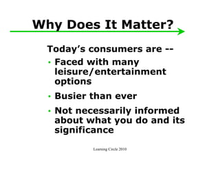 Why Does It Matter?
  Today’s consumers are --
  • Faced with many
    leisure/entertainment
    options
  • Busier than ever
  • Not necessarily informed
    about what you do and its
    significance
           Learning Circle 2010
 