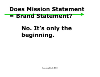 Does Mission Statement
= Brand Statement?

   No. It’s only the
   beginning.




          Learning Circle 2010
 