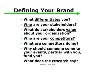Defining Your Brand
  • What differentiates you?
  • Who are your stakeholders?
  • What do stakeholders value
    about your organization?
  • Who are your competitors?
  • What are competitors doing?
  • Why should someone come to
    your events, partner with you,
    fund you?
  • What does the research say?
            Learning Circle 2010
 