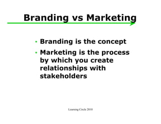 Branding vs Marketing

  • Branding is the concept
  • Marketing is the process
    by which you create
    relationships with
    stakeholders



           Learning Circle 2010
 