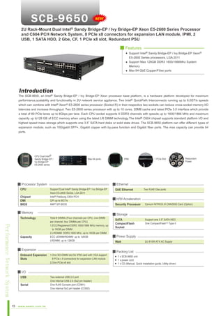 S CB-965 0

NEW

2U Rack-Mount Dual Intel® Sandy Bridge-EP / Ivy Bridge-EP Xeon E5-2600 Series Processor
and C604 PCH Network System, 8 PCIe x8 connectors for expansion LAN module, IPMI, 2
USB, 1 SATA HDD, 2 Gbe, CF, 1 PCIe x8 slot, Redundant PSU
■ Features
Support Intel® Sandy Bridge-EP / Ivy Bridge-EP Xeon®
E5-2600 Series processors, LGA 2011
Support Max 128GB DDR3 1600/1866Mhz System
Memory
Max 64 GbE Copper/Fiber ports

Introduction

The SCB-9650, an Intel® Sandy Bridge-EP / Ivy Bridge-EP Xeon processor base platform, is a hardware platform developed for maximum
performance,scalability and functionality in 2U network service appliance. Two Intel® QuickPath Interconnects running up to 8.0GT/s speeds
which can combine with Intel® Xeon® E5-2600 series processor (Socket R) in their respective two sockets can reduce cross-socket memory I/O
latencies and increase throughput. Two E5-2600 series processor with up to 10 cores, 20MB cache and latest PCIe 3.0 interface which provide
a total of 80 PCIe lanes up to 8Gbps per lane. Each CPU socket supports 4 DDR3 channels with speeds up to 1600/1866 MHz and maximum
capacity up to128 GB of ECC memory when using the latest LR DIMM technology.The Intel® C604 chipset supports standard platform I/O and
highest speed mass storage which supports one 3.5” SATA hard disks or solid state drives. The SCB-9650 platform can offer different types of
expansion module; such as 10Gigabit SFP+, Gigabit copper with by-pass function and Gigabit fiber ports. The max capacity can provide 64
ports.

CPU Dual Intel®
Sandy Bridge-EP /
Ivy Bridge-EP
E5-2600 series

Max 64 ports

■ Processor System
CPU
Chipset
DMI
BIOS

Performance Network System

Capacity

Total 8 DIMMs (Four channels per CPU, one DIMM
per channel, four DIMMs per CPU)
1.ECC/Registered DDR3 1600/1866 MHz memory, up
to 16GB per DIMM
2.LRDIMM: DDR3 1600 MHz, up to 16GB per DIMM.
ECC UDIMM/RDIMM: up to 128GB
LRDIMM: up to 128GB

■ Expansion
Onboard Expansion
Slots

1.One SO-DIMM slot for IPMI card with VGA support
8 PCIe x 8 connectors for expansion LAN module
2.One PCIe x8 slot

■ I/O
USB
Serial

15

www.aewin.com.tw

1 PCIe Slot

Redundant
Power

■ Ethernet
Support Dual Intel® Sandy Bridge-EP / Ivy Bridge-EP
Xeon E5-2600 Series, LGA 2011
Intel® Patsburg C604 PCH
QPI up to 8GT/s
AMI® SPI BIOS

■ Memory
Technology

IPMI

Two external USB 2.0 port
One internal USB 2.0 (5x2 pin header)
One RJ45 Console port (COM1)
One internal 5x2 pin header (COM2)

GbE Ethernet

Two RJ45 Gbe ports

■ H/W Acceleration
Security Processor

Cavium NITROX III CNN3550 Card (Option)

■ Storage
SATA
CompactFlash
Socket

Support one 3.5” SATA HDD
One CompactFlashTM Type II

■ Power Supply
Watt

2U 810W ATX AC Supply

■ Packing List
1 x SCB-9650 unit
1 x power cord
1 x CD (Manual, Quick installation guide, Utility driver)

 