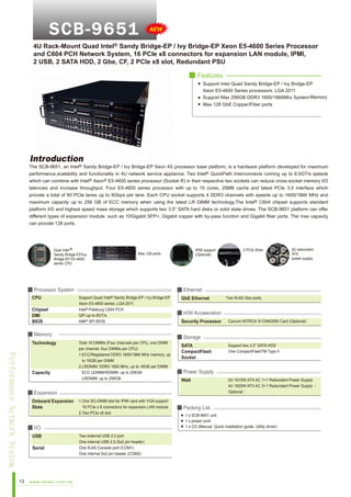 S CB-96 51

NEW

4U Rack-Mount Quad Intel® Sandy Bridge-EP / Ivy Bridge-EP Xeon E5-4600 Series Processor
and C604 PCH Network System, 16 PCIe x8 connectors for expansion LAN module, IPMI,
2 USB, 2 SATA HDD, 2 Gbe, CF, 2 PCIe x8 slot, Redundant PSU
■ Features
Support Intel Quad Sandy Bridge-EP / Ivy Bridge-EP
Xeon E5-4600 Series processors, LGA 2011
Support Max 256GB DDR3 1600/1866Mhz System Memory
Max 128 GbE Copper/Fiber ports

Introduction

The SCB-9651, an Intel® Sandy Bridge-EP / Ivy Bridge-EP Xeon 4S processor base platform, is a hardware platform developed for maximum
performance,scalability and functionality in 4U network service appliance. Two Intel® QuickPath Interconnects running up to 8.0GT/s speeds
which can combine with Intel® Xeon® E5-4600 series processor (Socket R) in their respective two sockets can reduce cross-socket memory I/O
latencies and increase throughput. Four E5-4600 series processor with up to 10 cores, 20MB cache and latest PCIe 3.0 interface which
provide a total of 80 PCIe lanes up to 8Gbps per lane. Each CPU socket supports 4 DDR3 channels with speeds up to 1600/1866 MHz and
maximum capacity up to 256 GB of ECC memory when using the latest LR DIMM technology.The Intel® C604 chipset supports standard
platform I/O and highest speed mass storage which supports two 3.5” SATA hard disks or solid state drives. The SCB-9651 platform can offer
different types of expansion module; such as 10Gigabit SFP+, Gigabit copper with by-pass function and Gigabit fiber ports. The max capacity
can provide 128 ports.

Qual Intel ®
Sandy Bridge-EP/Ivy
Bridge-EP E5-4600
series CPU

■ Processor System
CPU
Chipset
DMI
BIOS

Performance Network System

Capacity

Total 16 DIMMs (Four channels per CPU, one DIMM
per channel, four DIMMs per CPU)
1.ECC/Registered DDR3 1600/1866 MHz memory, up
to 16GB per DIMM
2.LRDIMM: DDR3 1600 MHz, up to 16GB per DIMM.
ECC UDIMM/RDIMM: up to 256GB
LRDIMM: up to 256GB

GbE Ethernet

1.One SO-DIMM slot for IPMI card with VGA support
16 PCIe x 8 connectors for expansion LAN module
2.Two PCIe x8 slot

■ I/O
USB
Serial

13

www.aewin.com.tw

2U redundant
ATX
power supply

Two external USB 2.0 port
One internal USB 2.0 (5x2 pin header)
One RJ45 Console port (COM1)
One internal 5x2 pin header (COM2)

Two RJ45 Gbe ports

■ H/W Acceleration
Security Processor

Cavium NITROX III CNN3550 Card (Optional)

■ Storage
SATA
CompactFlash
Socket

Support two 3.5” SATA HDD
One CompactFlashTM Type II

■ Power Supply
Watt

■ Expansion
Onboard Expansion
Slots

2 PCIe Slots

■ Ethernet
Support Quad Intel® Sandy Bridge-EP / Ivy Bridge-EP
Xeon E5-4600 series ,LGA 2011
Intel® Patsburg C604 PCH
QPI up to 8GT/s
AMI® SPI BIOS

■ Memory
Technology

IPMI support
(Optional)

Max.128 ports

2U 1010W ATX AC 1+1 Redundant Power Supply
4U 1620W ATX AC 3+1 Redundant Power Supply（
Optional）

■ Packing List
1 x SCB-9651 unit
1 x power cord
1 x CD (Manual, Quick installation guide, Utility driver)

 