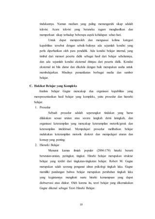 tindakannya. Namun medium yang paling memengaruhi sikap adalah 
televisi. Acara televisi yang beraneka ragam menghasilkan dan 
memperkuat sikap terhadap beberapa aspek kehidupan sehar-hari. 
Untuk dapat memperoleh dan menguasai kelima kategori 
kapabilitas tersebut dengan sebaik-baiknya ada sejumlah kondisi yang 
perlu diperhatikan oleh para pendidik. Ada kondisi belajar internal, yang 
timbul dari memori peserta didik sebagai hasil dari belajar sebelumnya, 
dan ada sejumlah kondisi eksternal ditinjau dari peserta didik. Kondisi 
eksternal ini bila diatur dan dikelola dengan baik merupakan usaha untuk 
membelajarkan. Misalnya pemanfaatan berbagai media dan sumber 
belajar. 
10 
C. Hakikat Belajar yang Kompleks 
Analisis belajar Gagne mencakup dua organisasi kapabilitas yang 
merepresentasikan hasil belajar yang kompleks, yaitu prosedur dan hierarki 
belajar. 
1. Prosedur 
Sebuah prosedur adalah seperangkat tindakan yang harus 
dilakukan sesuai urutan atau secara langkah demi lanngkah, dan 
organisasi keterampilan yang mencakup keterampilan motorik/gerak dan 
keterampilan intelektual. Mempelajari prosedur melibatkan belajar 
melakukan keterampilan motorik deskret dan mempelajari aturan dan 
konsep yang penting. 
2. Hierarki Belajar 
Menurut kamus ilmiah populer (2006:179) hirarki berarti 
berurutan-urutan, peringkat, tingkat. Hirarki belajar merupakan struktur 
belajar yang terdiri dari tingkatan-tingkatan belajar. Robert M. Gagne 
merupakan salah seorang penganut aliran psikologi tingkah laku. Gagne 
memiliki pandangan bahwa belajar merupakan perubahan tingkah laku 
yang kegiatannya mengikuti suatu hirarki kemampuan yang dapat 
diobservasi atau diukur. Oleh karena itu, teori belajar yang dikemukakan 
Gagne dikenal sebagai Teori Hirarki Belajar. 
 
