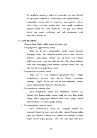 (1) memahami masalahnya, dalam arti menentukan apa yang diketahui 
dan apa yang ditanyakan, (2) merencanakan cara penyelesaiannya, (3) 
melaksanakan rencana; dan (4) menafsirkan atau mengecek hasilnya. 
Dalam belajar pemecahan masalah, siswa harus memiliki pemahaman 
sejumlah konsep dan aturan. Selain itu, siswa juga harus memiliki 
strategi yang dapat memberikan arah pada pemikirannya untuk 
memecahkan masalah itu. 
14 
E. FASE BELAJAR 
Menurut Gagne belajar melalui empat fase utama yaitu : 
1. Fase pengenalan (apprehending phase). 
Pada fase ini siswa memperhatikan stimulus tertentu kemudian 
menangkap artinya dan memahami stimulus tersebut untuk kemudian 
ditafsirkan sendiri dengan berbagai cara. ini berarti bahwa belajar 
adalah suatu proses yang unik pada tiap siswa, dan sebagai akibatnya 
setiap siswa bertanggung jawab terhadap belajarnya karena cara yang 
unik yang dia terima pada situasi belajar. 
2. Fase perolehan (acqusition phase). 
Pada fase ini siswa memperoleh pengetahuan baru dengan 
menghubungkan informasi yang diterima dengan pengetahuan 
sebelumya. Dengan kata lain pada fase ini siswa membentuk asosiasi-asosiasi 
antara informasi baru dan informasi lama. 
3. Fase penyimpanan (storage phase). 
Fase storage/retensi adalah fase penyimpanan informasi, ada 
informasi yang disimpan dalam jangka pendek ada yang dalam jangka 
panjang, melalui pengulangan informasi dalam memori jangka pendek 
dapat dipindahkan ke memori jangka panjang. 
4. Fase pemanggilan (retrieval phase). 
Fase Retrieval/Recall, adalah fase mengingat kembali atau 
memanggil kembali informasi yang ada dalam memori. Kadang-kadang 
dapat saja informasi itu hilang dalam memori atau kehilangan hubungan 
dengan memori jangka panjang. Untuk lebih daya ingat maka perlu 
 