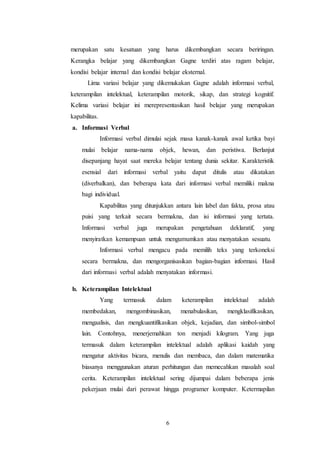 merupakan satu kesatuan yang harus dikembangkan secara beriringan. 
Kerangka belajar yang dikembangkan Gagne terdiri atas ragam belajar, 
kondisi belajar internal dan kondisi belajar eksternal. 
Lima variasi belajar yang dikemukakan Gagne adalah informasi verbal, 
keterampilan intelektual, keterampilan motorik, sikap, dan strategi kognitif. 
Kelima variasi belajar ini merepresentasikan hasil belajar yang merupakan 
kapabilitas. 
a. Informasi Verbal 
Informasi verbal dimulai sejak masa kanak-kanak awal ketika bayi 
mulai belajar nama-nama objek, hewan, dan peristiwa. Berlanjut 
disepanjang hayat saat mereka belajar tentang dunia sekitar. Karakteristik 
esensial dari informasi verbal yaitu dapat ditulis atau dikatakan 
(diverbalkan), dan beberapa kata dari informasi verbal memiliki makna 
bagi individual. 
Kapabilitas yang ditunjukkan antara lain label dan fakta, prosa atau 
puisi yang terkait secara bermakna, dan isi informasi yang tertata. 
Informasi verbal juga merupakan pengetahuan deklaratif, yang 
menyiratkan kemampuan untuk mengumumkan atau menyatakan sesuatu. 
Informasi verbal mengacu pada memilih teks yang terkoneksi 
secara bermakna, dan mengorganisasikan bagian-bagian informasi. Hasil 
dari informasi verbal adalah menyatakan informasi. 
6 
b. Keterampilan Intelektual 
Yang termasuk dalam keterampilan intelektual adalah 
membedakan, mengombinasikan, menabulasikan, mengklasifikasikan, 
mengaalisis, dan mengkuantifikasikan objek, kejadian, dan simbol-simbol 
lain. Contohnya, menerjemahkan ton menjadi kilogram. Yang juga 
termasuk dalam keterampilan intelektual adalah aplikasi kaidah yang 
mengatur aktivitas bicara, menulis dan membaca, dan dalam matematika 
biasanya menggunakan aturan perhitungan dan memecahkan masalah soal 
cerita. Keterampilan intelektual sering dijumpai dalam beberapa jenis 
pekerjaan mulai dari perawat hingga programer komputer. Ketermapilan 
 