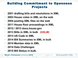 Building Commitment to Openness
Projects
• 2001 drafting bills and resolutions in XML
• 2003 House votes in XML on the web...