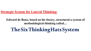 Strategic System for Lateral Thinking:
Edward de Bono, based on his theory, structured a system of
methodological thinking called…
TheSixThinkingHatsSystem
 
