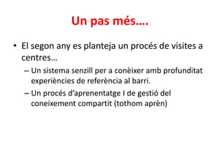 Un pas més….
• El segon any es planteja un procés de visites a
centres…
– Un sistema senzill per a conèixer amb profunditat
experiències de referència al barri.
– Un procés d’aprenentatge I de gestió del
coneixement compartit (tothom aprèn)
 