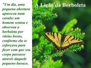 A Lição da Borboleta "Um dia, uma pequena abertura apareceu num casulo; um homem sentou e observou a borboleta por várias horas, conforme ela se esforçava para fazer com que seu corpo passasse através daquele pequeno buraco. 