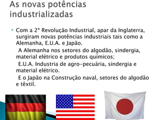    Com a 2ª Revolução Industrial, apar da Inglaterra,
    surgiram novas potências industriais tais como a
    Alemanha, E.U.A. e Japão.
     A Alemanha nos setores do algodão, sindergia,
    material elétrico e produtos químicos;
     E.U.A. Industria de agro-pecuária, sindergia e
    material elétrico.
     E o Japão na Construção naval, setores do algodão
    e têxtil.
 