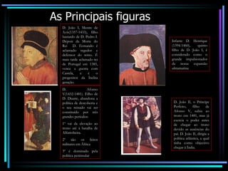 As Principais figuras D. João I, Mestre de Avis(1357-1433), filho bastardo de D. Pedro I. Depois da Morte do Rei  D. Fernando é aclamado regedor e defensor do reino. É mais tarde aclamado rei de Portugal em 1385, vence a guerra com Castela, e é o progenitor da Ínclita geração. Infante D. Henrique (1394-1460), quinto filho de D. João I, é considerado como o grande impulsionador da nossa expansão ultramarina D. Afonso V(1432-1481). Filho de D. Duarte, abandona a política de descoberta e o seu reinado vai ser constituído por três grandes períodos: 1º vai da elevação ao trono até à batalha de Alfarrobeira. 2º são os feitos militares em África 3º é dominado pela política peninsular D. João II, o Príncipe Perfeito, filho de Afonso V, subiu ao trono em 1481, mas já exercia o poder antes de chegar ao trono devido as ausências do pai. D. João II, dirigia a política atlântica, a qual tinha como objectivo chegar à Índia. 