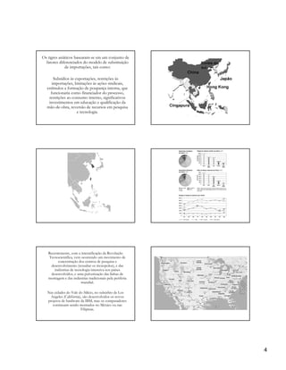 Os tigres asiáticos basearam-se em um conjunto de
  fatores diferenciados do modelo de substituição
              de importações, tais como:

      Subsídios às exportações, restrições às
     importações, limitações às ações sindicais,
  estímulos a formação de poupança interna, que
    funcionaria como financiador do processo,
   restrições ao consumo interno, significativos
   investimentos em educação e qualificação da
  mão-de-obra, reversão de recursos em pesquisa
                    e tecnologia.




   Recentemente, com a intensificação da Revolução
   Tecnocientífica, vem ocorrendo um movimento de
         concentração dos centros de pesquisa e
    desenvolvimento (ressaltar os técnopolos), e das
       indústrias de tecnologia intensiva nos países
     desenvolvidos, e uma pulverização das linhas de
   montagem e das indústrias tradicionais pela periferia
                         mundial.

   Nas cidades do Vale do Silício, no subúrbio de Los
     Angeles (Califórnia), são desenvolvidos os novos
   projetos de hardware da IBM, mas os computadores
      continuam sendo montados no México ou nas
                         Filipinas.




                                                           4
 