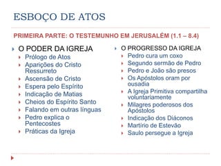 ESBOÇO DE ATOS
PRIMEIRA PARTE: O TESTEMUNHO EM JERUSALÉM (1.1 – 8.4)
 O PODER DA IGREJA
 Prólogo de Atos
 Aparições do Cristo
Ressurreto
 Ascensão de Cristo
 Espera pelo Espírito
 Indicação de Matias
 Cheios do Espírito Santo
 Falando em outras línguas
 Pedro explica o
Pentecostes
 Práticas da Igreja
 O PROGRESSO DA IGREJA
 Pedro cura um coxo
 Segundo sermão de Pedro
 Pedro e João são presos
 Os Apóstolos oram por
ousadia
 A Igreja Primitiva compartilha
voluntariamente
 Milagres poderosos dos
Apóstolos
 Indicação dos Diáconos
 Martírio de Estevão
 Saulo persegue a Igreja
 