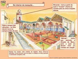 Hora H 7 Custódio Lagartixa, Helena Sardinha, José Gomes
Espaço de oração: está coberto de tapetes. Deve entrar-se
descalço. O ato de tocar com as mãos e a cabeça no chão assinala
a submissão completa a Alá.
Minarete – torre a partir da
qual o “muezin” chama os
crentes para as cinco orações
diárias.
Pátio e tanque das
abluções – os fiéis
devem lavar-se
sempre antes de orar.
No interior da mesquita…
“Mihrab”, nicho
que assinala a
direção de Meca,
para a qual se
devem virar os
crentes em oração.
 