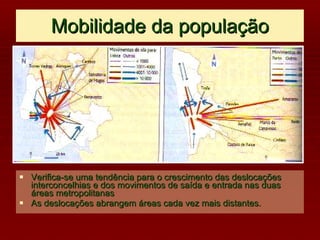 Mobilidade da população Verifica-se uma tendência para o crescimento das deslocações interconcelhias e dos movimentos de saída e entrada nas duas áreas metropolitanas As deslocações abrangem áreas cada vez mais distantes. 