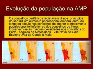 Evolução da população na AMP Os concelhos periféricos registavam já nos  princípios do sec.XX um aumento populacional embora lento. Ao longo do século nos concelhos do interior o crescimento populacional foi inferior ao dos concelhos do litoral. Observam-se as maiores densidades nos concelhos do Porto , seguido de Matosinhos , Vila Nova de Gaia , Espinho ,Vila do Conde e Maia. 