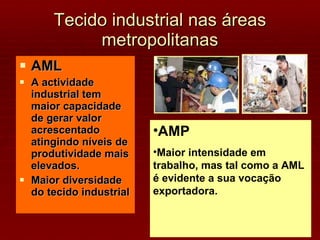 Tecido industrial nas áreas metropolitanas AML A actividade industrial tem maior capacidade de gerar valor acrescentado atingindo níveis de produtividade mais elevados. Maior diversidade do tecido industrial AMP Maior intensidade em trabalho, mas tal como a AML é evidente a sua vocação exportadora. 