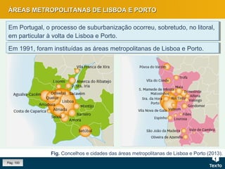 ÁREAS METROPOLITANAS DE LISBOA E PORTOÁREAS METROPOLITANAS DE LISBOA E PORTO
Em Portugal, o processo de suburbanização ocorreu, sobretudo, no litoral,
em particular à volta de Lisboa e Porto.
Em Portugal, o processo de suburbanização ocorreu, sobretudo, no litoral,
em particular à volta de Lisboa e Porto.
Fig. Concelhos e cidades das áreas metropolitanas de Lisboa e Porto (2013).
Em 1991, foram instituídas as áreas metropolitanas de Lisboa e Porto.Em 1991, foram instituídas as áreas metropolitanas de Lisboa e Porto.
Pág. 100
 